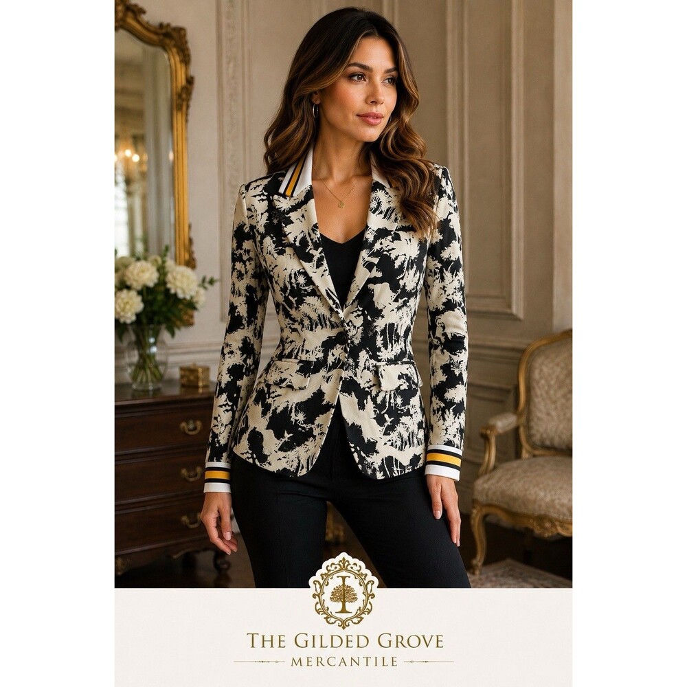 AKIRA Statement Blazer Womens S Toile Scenic Print Varsity Striped Trim Jacket